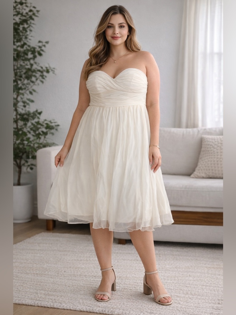 Donna Morgan Strapless Sweetheart Midi Dress in Cream